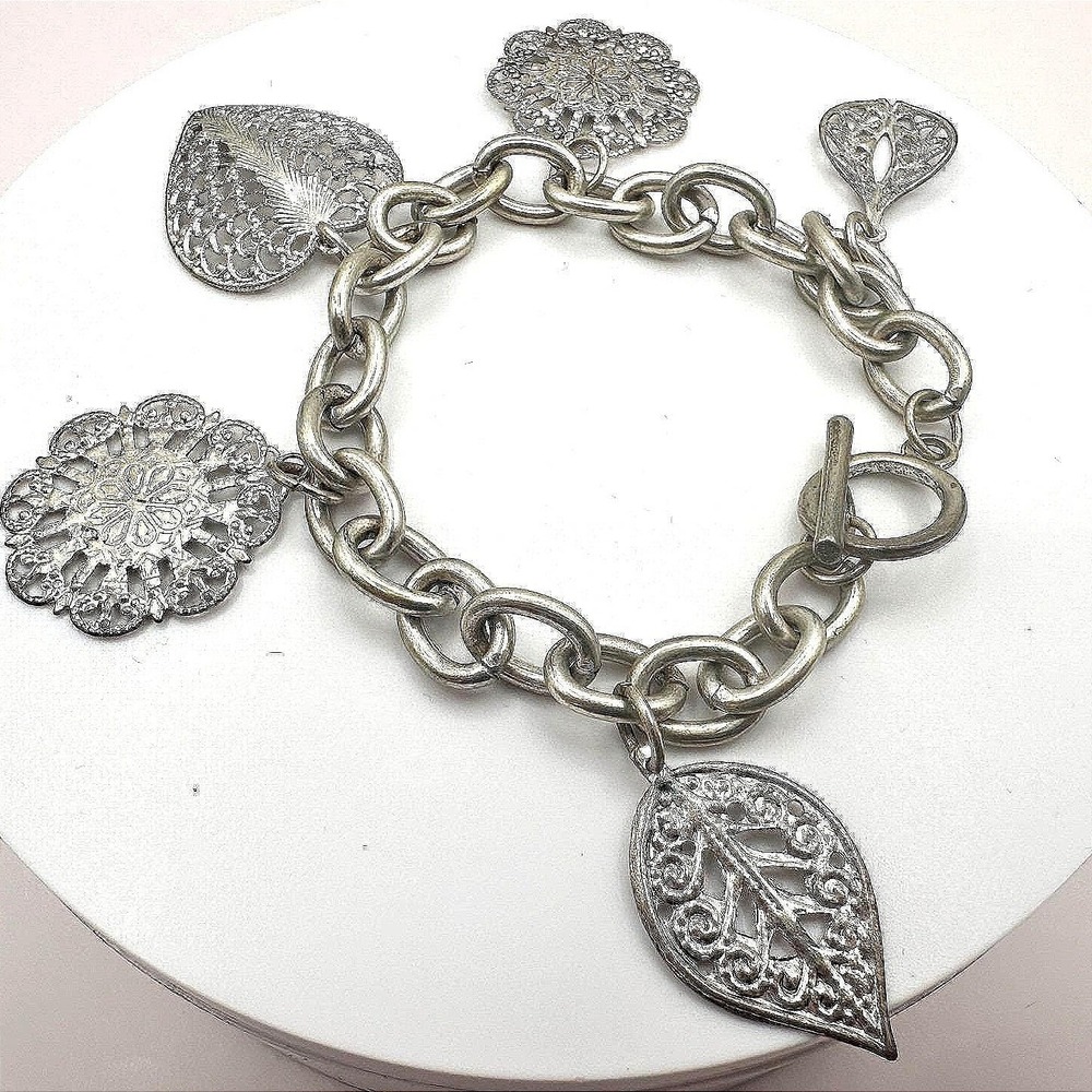 Vintage 90s Silver Tone Filigree Charm Bracelet‎ Nature Leaf Floral Boho Jewelry